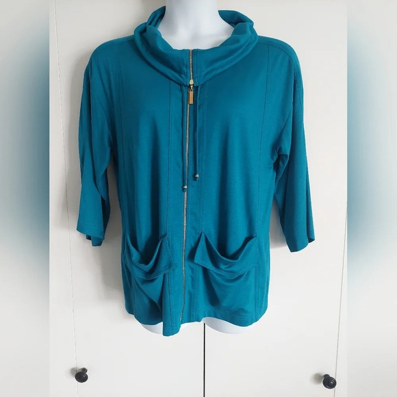 ST.JOHN Turquoise Jersey Zip up  lightweight Jacket cinched waist  Small - Picture 1 of 10